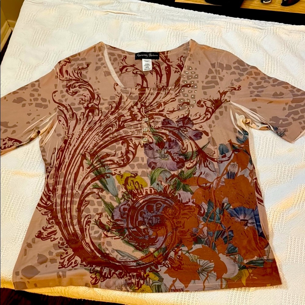 Women's Floral Swirl Blouse - Brown and Tan with mini Rhinestones